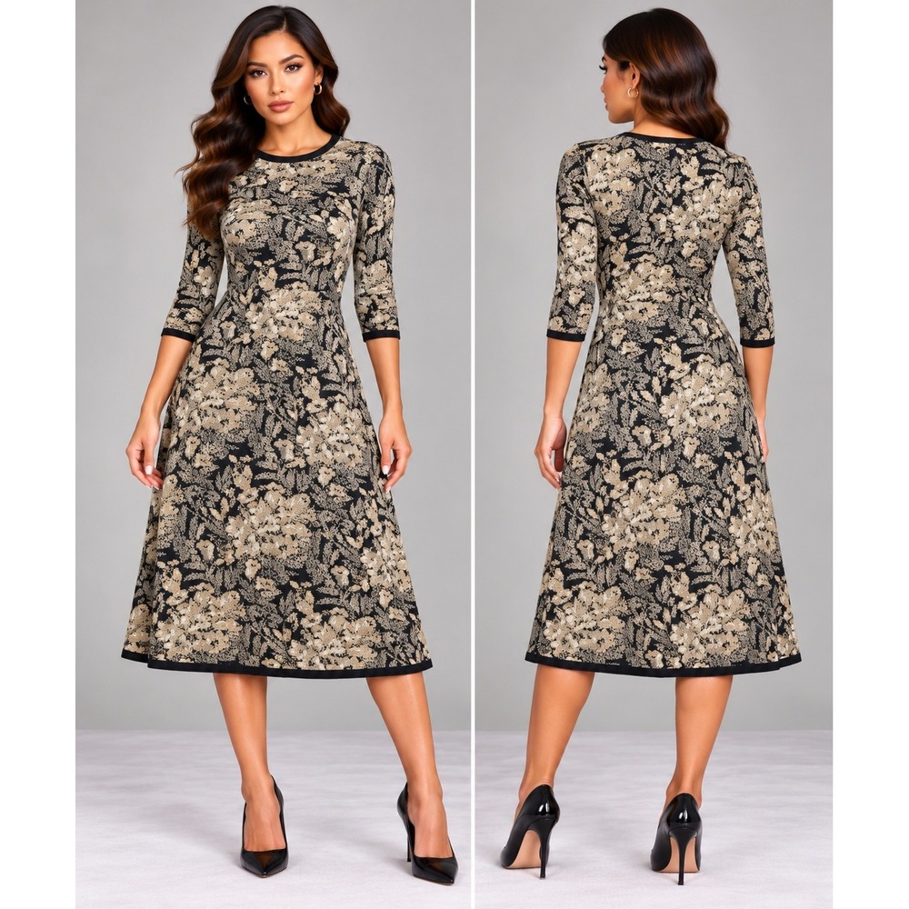 Isaac Mizrahi Live Fit & Flare Dress Womens M Black Tan Floral Metallic
